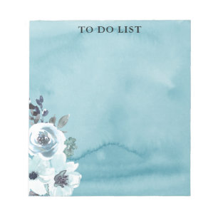 Blue Floral Watercolor To Do List Notepad