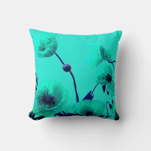 Blue Floral Watercolor Turquoise Poppy Flowers Art Cushion