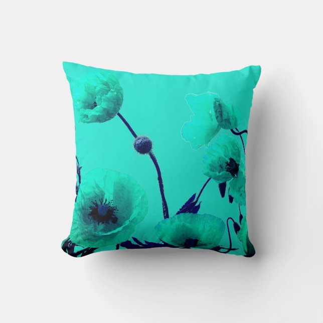 Blue Floral Watercolor Turquoise Poppy Flowers Art Cushion (Front)