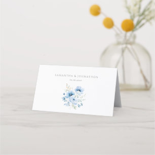Blue Floral Watercolor Wedding Folded Place Card