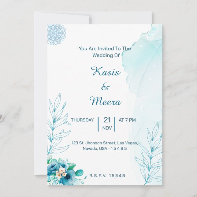 Blue floral watercolor wedding invitation card (Front)