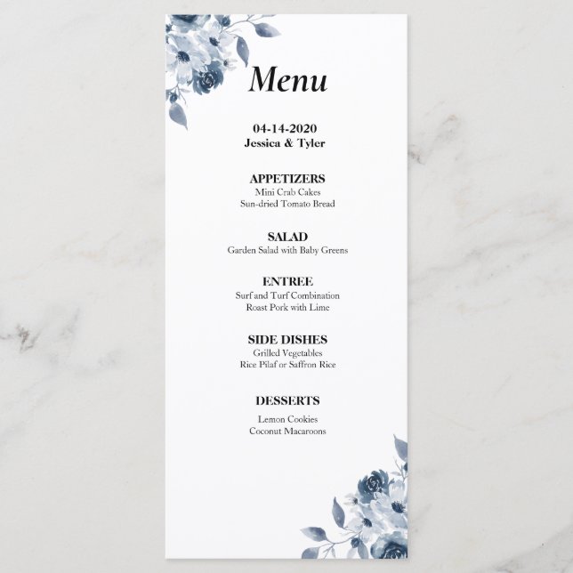 Blue Floral Watercolor Wedding or Event Menu (Front)