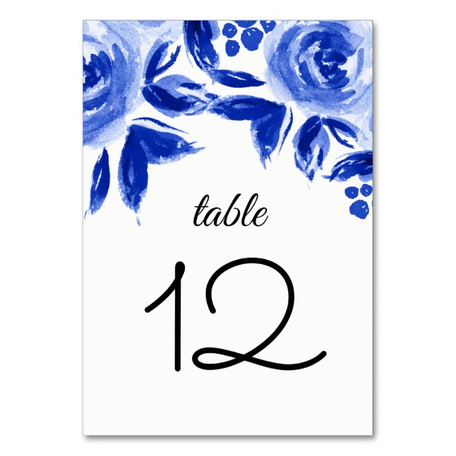 Blue Floral Watercolor Wedding Table Number Cards (Front)