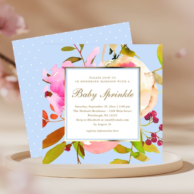 Blue Floral Watercolor with Dots Baby Sprinkle Invitation (Creator Uploaded)