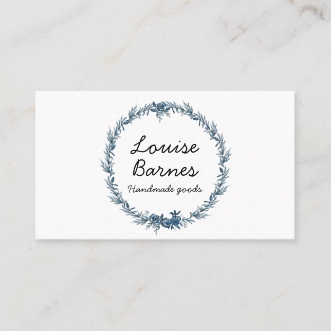 Blue floral watercolor wreath business card (Front)