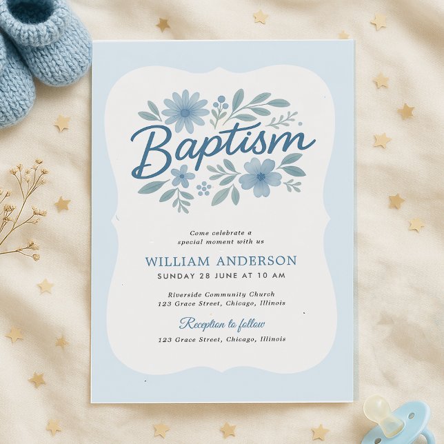 Blue Floral Wavy Edge Baptism Invitation for Boy (Baptism invite with blue floral frame and stars – soft, sweet, and perfect for baby boys

)