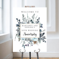 Blue Floral Wedding Anniversary Welcome Sign