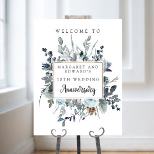 Blue Floral Wedding Anniversary Welcome Sign