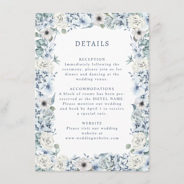 Blue Floral Wedding Details Enclosure Card (Front)