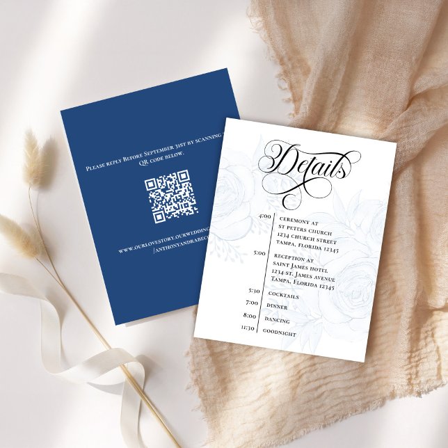 Blue Floral Wedding Details Timeline Card (Elegant blue floral wedding details card with calligraphy script and clear timeline.)
