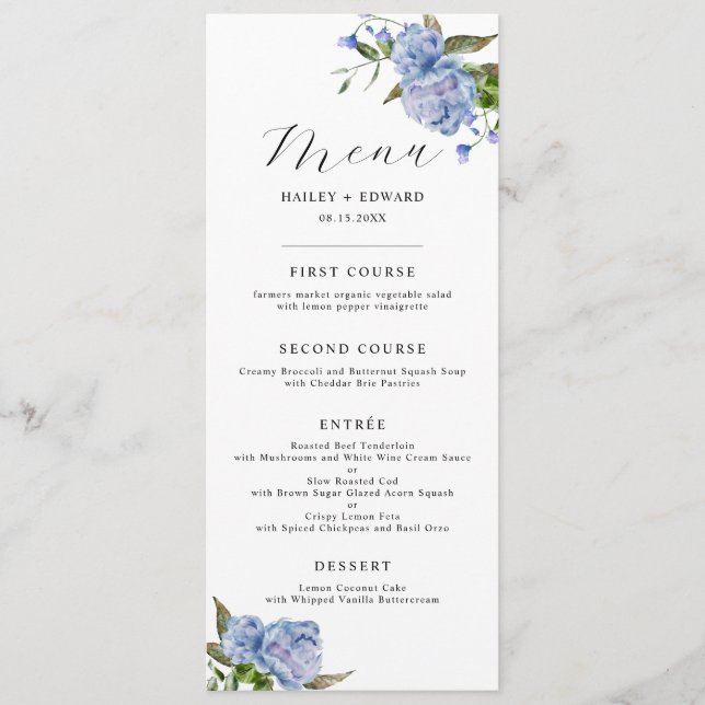 Blue Floral Wedding Dinner Menu (Front)