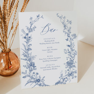 Blue Floral Wedding Drink Bar Menu Pedestal Sign