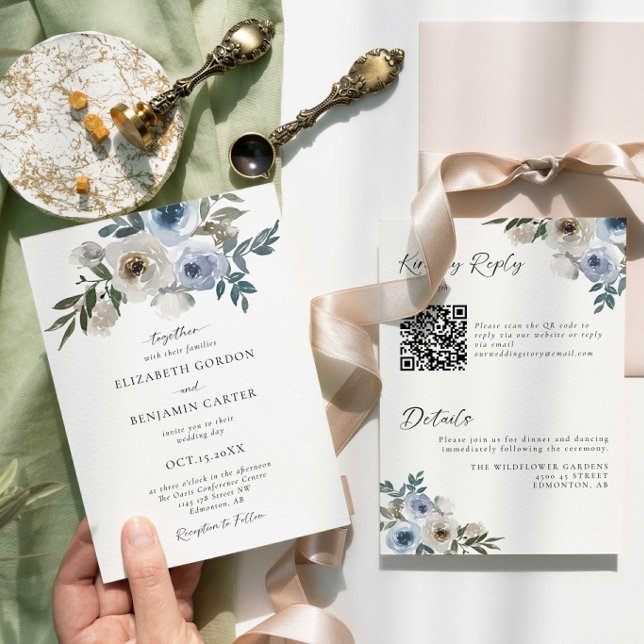 Blue Floral Wedding Elegant Watercolor QR Code Invitation (Creator Uploaded)