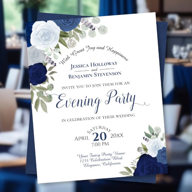 Blue Floral Wedding Evening Party Budget Invite (Front/Back)
