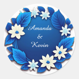 Blue Floral Wedding Frame With White Flowers Classic Round Sticker