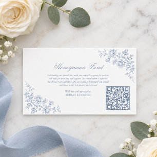Blue Floral Wedding Honeymoon Fund QR Code Enclosure Card