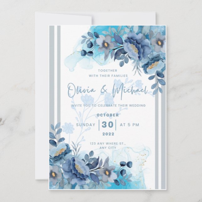 Blue Floral Wedding Invitation (Front)