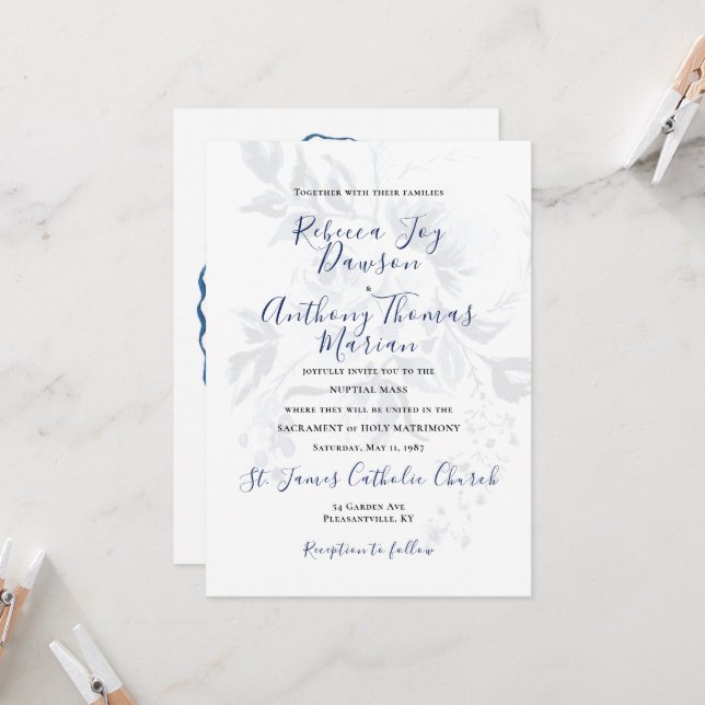 Blue Floral Wedding Invitation (Front/Back In Situ)