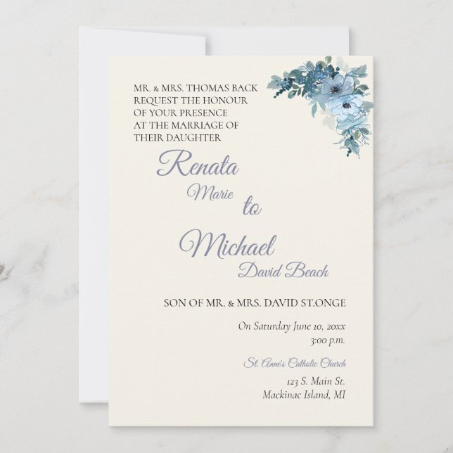 Blue Floral Wedding Invitation (Front)