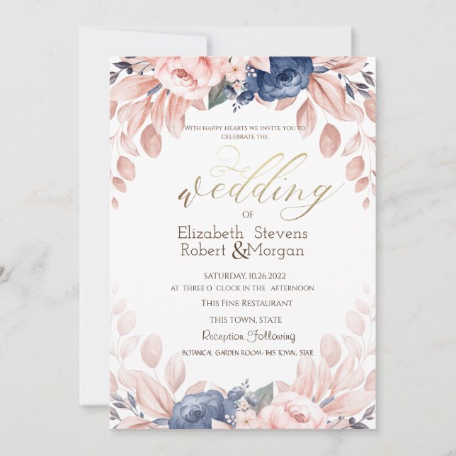 Blue Floral Wedding Invitation (Front)