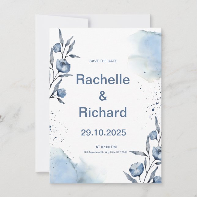 Blue Floral Wedding Invitation (Front)