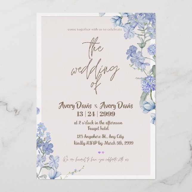 Blue Floral Wedding Invitation (Front)