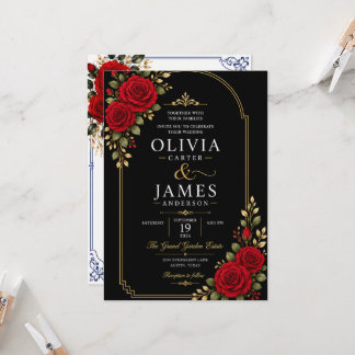 Blue Floral Wedding Invitation Backdrop | Red Rose