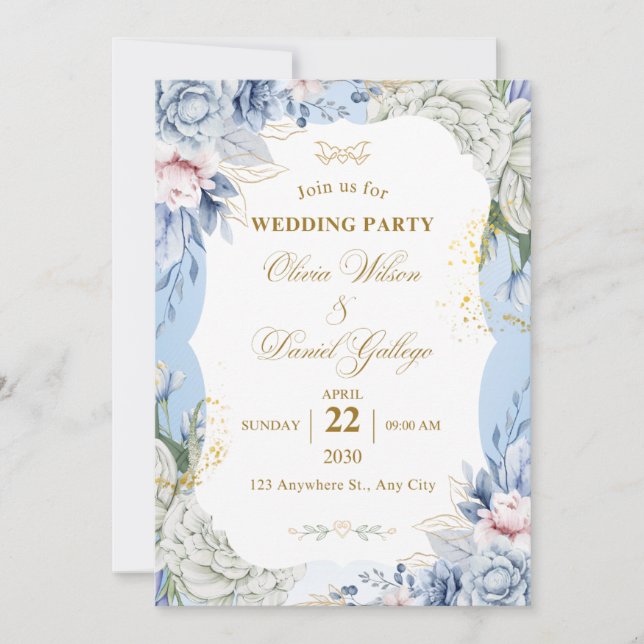 Blue Floral Wedding Invitation Elegant Romantic  (Front)