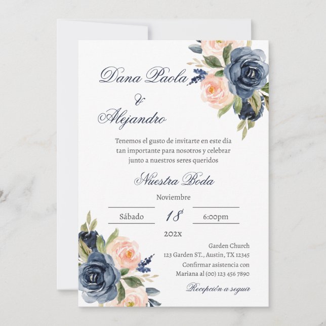 Blue Floral wedding invitation in Spanish (Front)