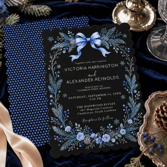 Blue Floral Wedding Invitation with Bow (Creator Uploaded)