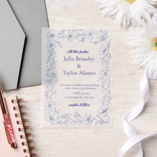 Blue Floral Wedding Invitation with White Dove E