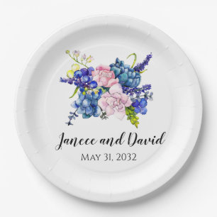 Blue Floral Wedding Paper Plates Garden Flowers  