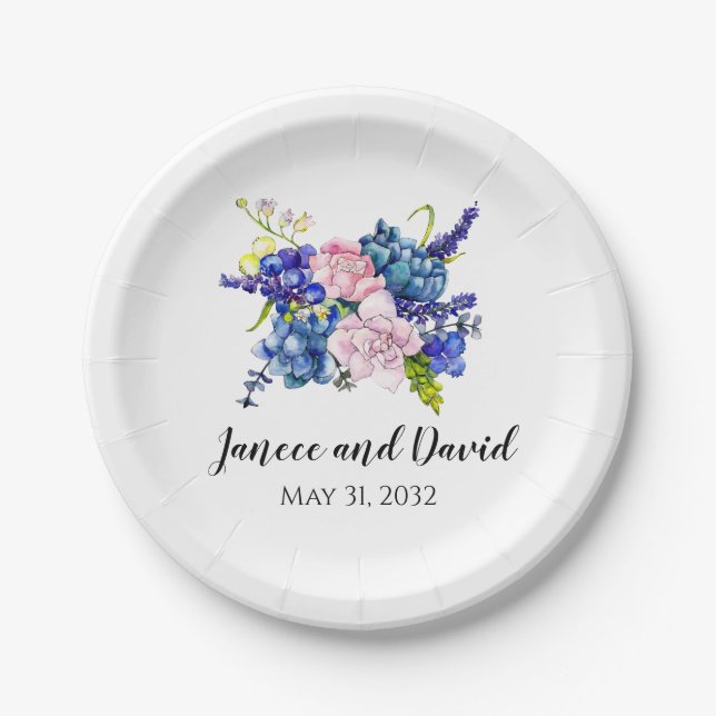Blue Floral Wedding Paper Plates Garden Flowers   (Front)