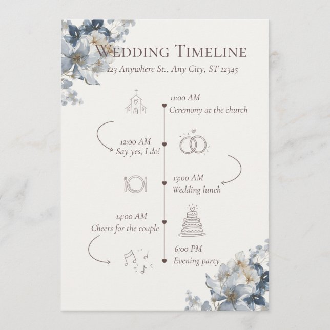 Blue Floral Wedding Party and Timeline Program  Programme (Front)