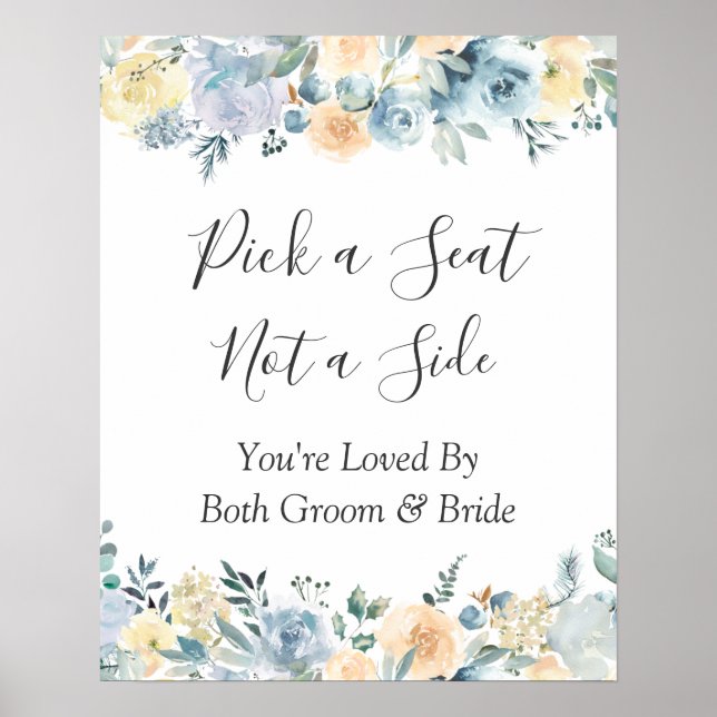 Blue Floral Wedding Pick a Seat Sign (Front)