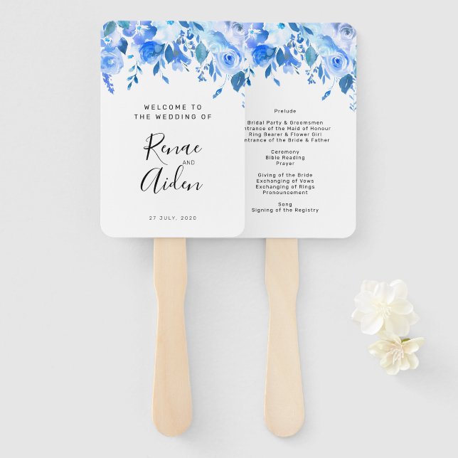 Blue floral wedding program hand fan, blue floral hand fan (Front and Back)