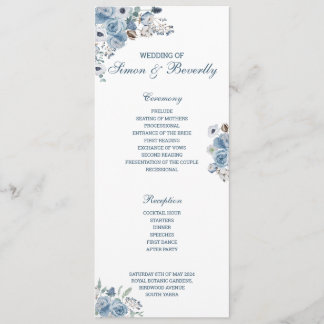 Blue Floral Wedding Program Programme