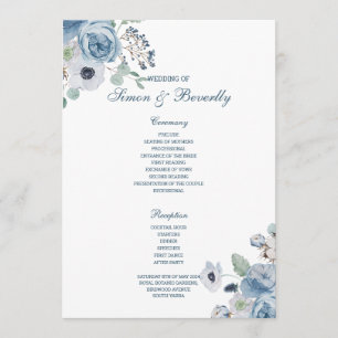 Blue Floral Wedding Program Programme