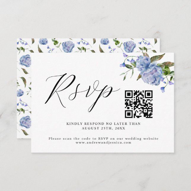 Blue Floral Wedding QR Code RSVP Card (Front/Back)