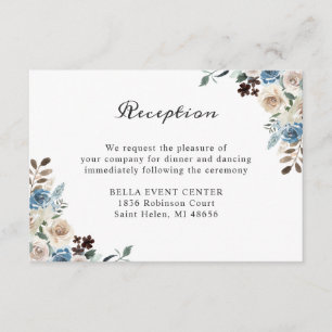 Blue Floral Wedding Reception Details Card