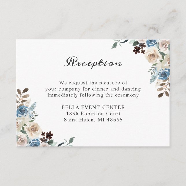 Blue Floral Wedding Reception Details Card (Front)