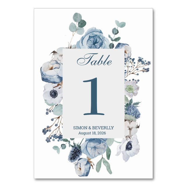 Blue Floral Wedding Reception Table Number Sign (Front)