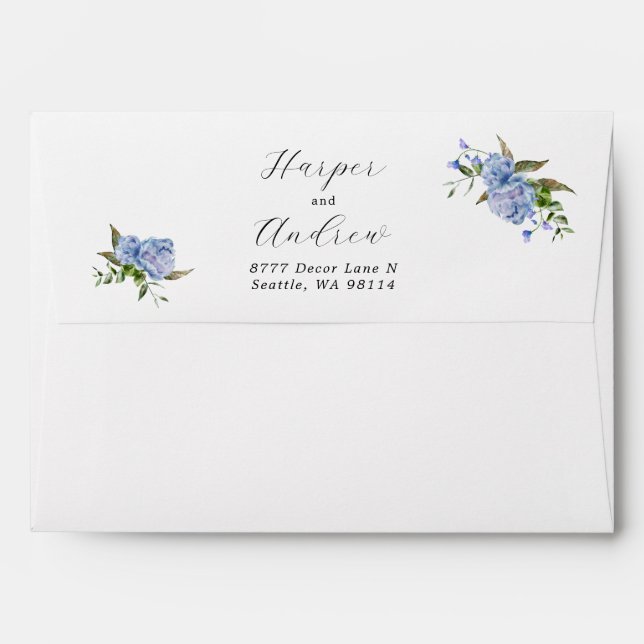 Blue Floral Wedding Return Address Envelope (Back (Top Flap))