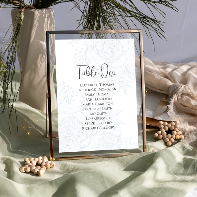 Blue Floral Wedding Table Number Custom (Elegant Wedding table number sign with guests names and table number. )