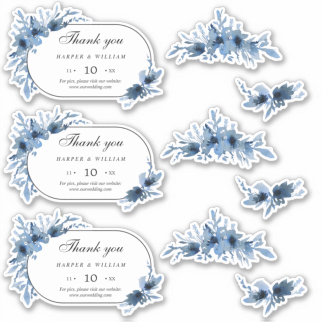 Blue floral Wedding thank you sticker (Front)