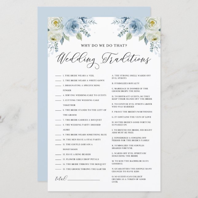 Blue Floral Wedding Traditions Bridal Shower Game (Front/Back)