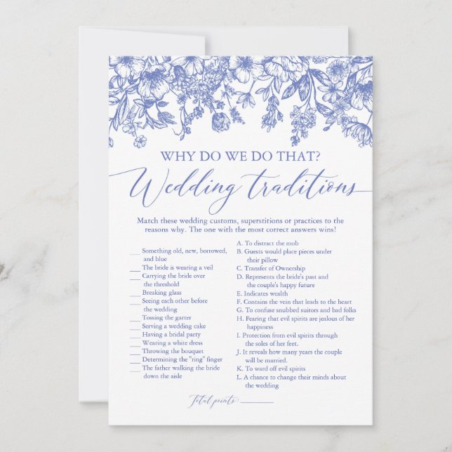 Blue Floral Wedding Traditions Bridal Shower Game Invitation (Front)