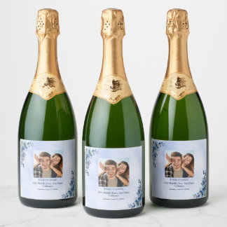 Blue Floral Wedding Wine Bottle Labels