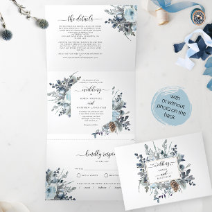 Blue Floral Wedding with RSVP All in One  Tri-Fold Invitation