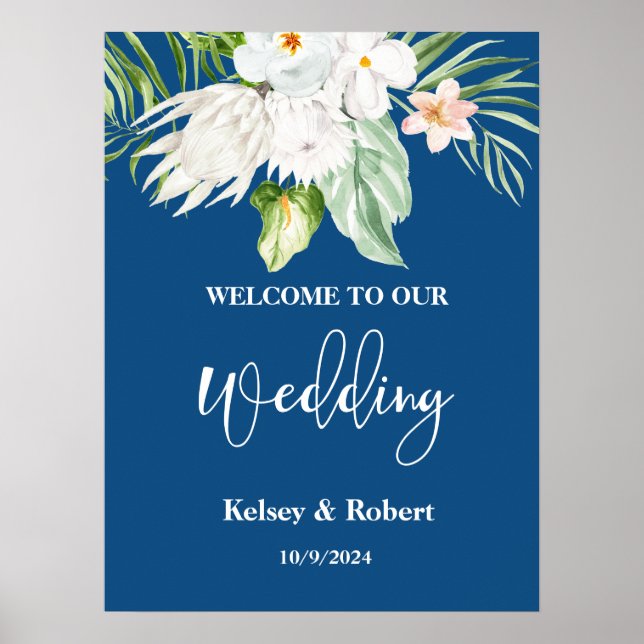 Blue Floral Welcome Wedding Sign Poster (Front)